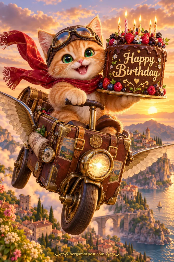 Happy Birthday Video Card — Kitten on a Flying Motorcycle with a Chocolate Cake