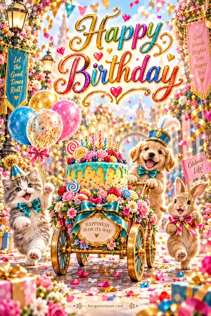Happy Birthday Card — Kitten, Puppy and Bunny Birthday Parade
