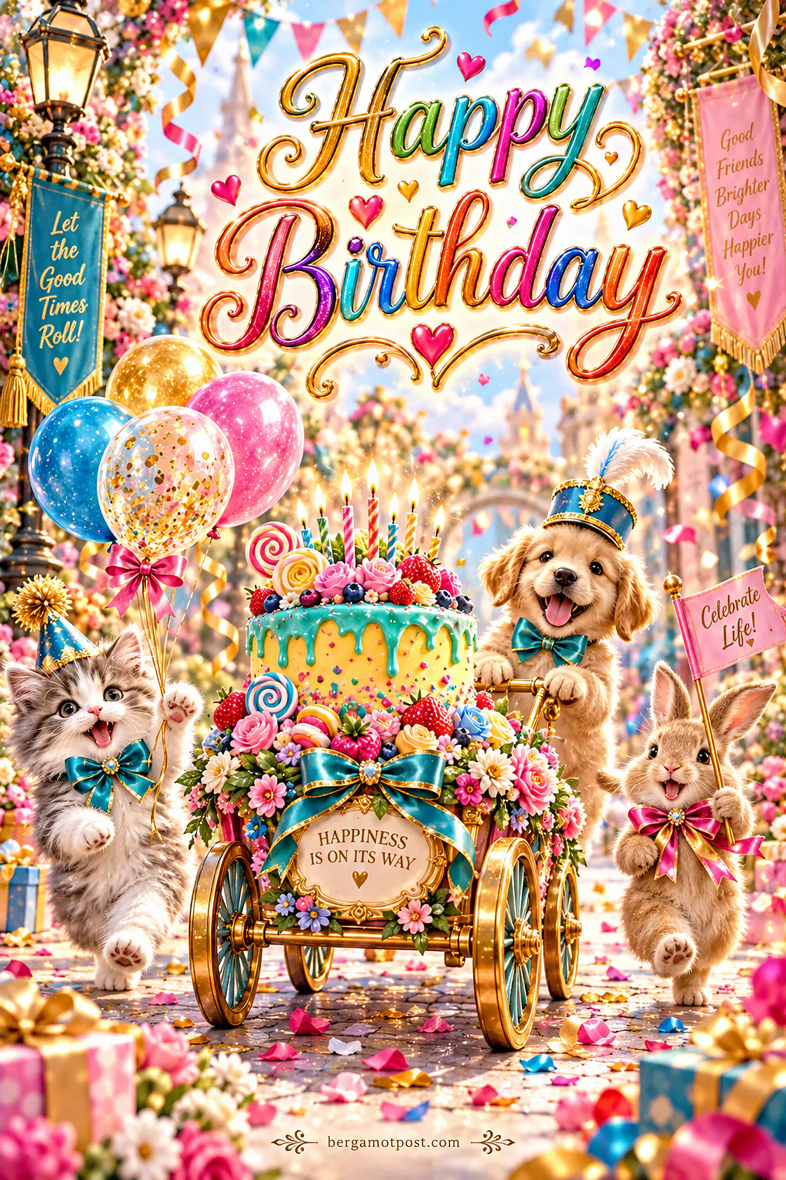 Happy Birthday Card — Kitten, Puppy and Bunny Birthday Parade