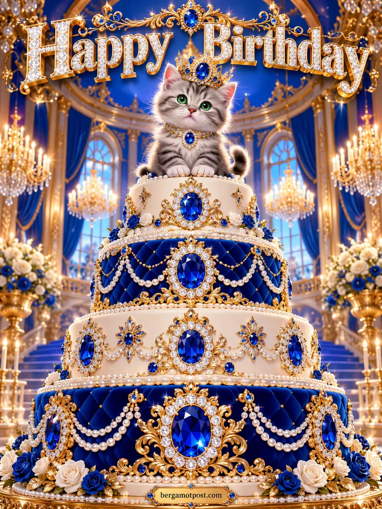 Animated Happy Birthday Image — Kitten on a Sapphire Blue Cake
