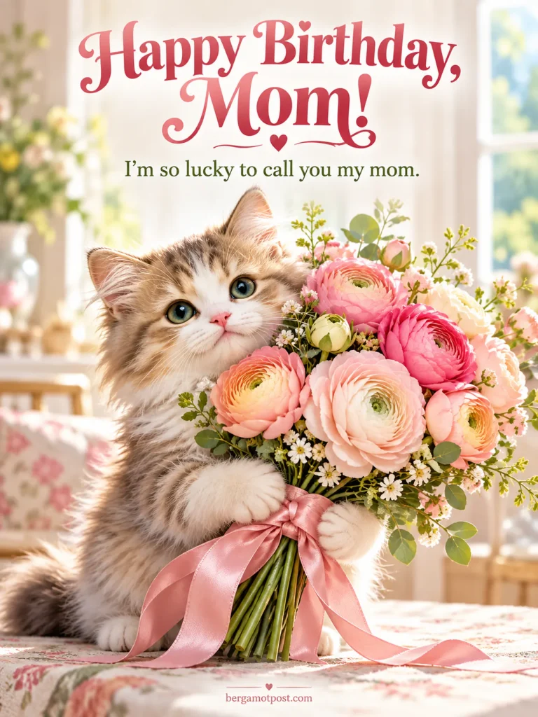 Happy Birthday Mom Wishes — Kitten with a Ranunculus Bouquet