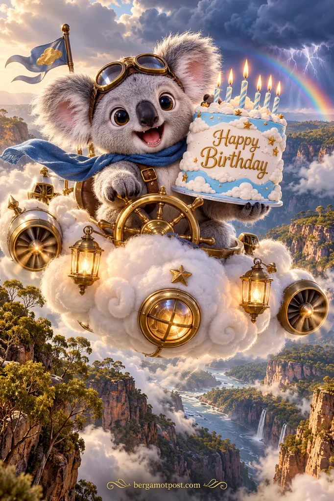 Animated Birthday Card — Koala Flying a Cloud Airship (Rainbow Sky)