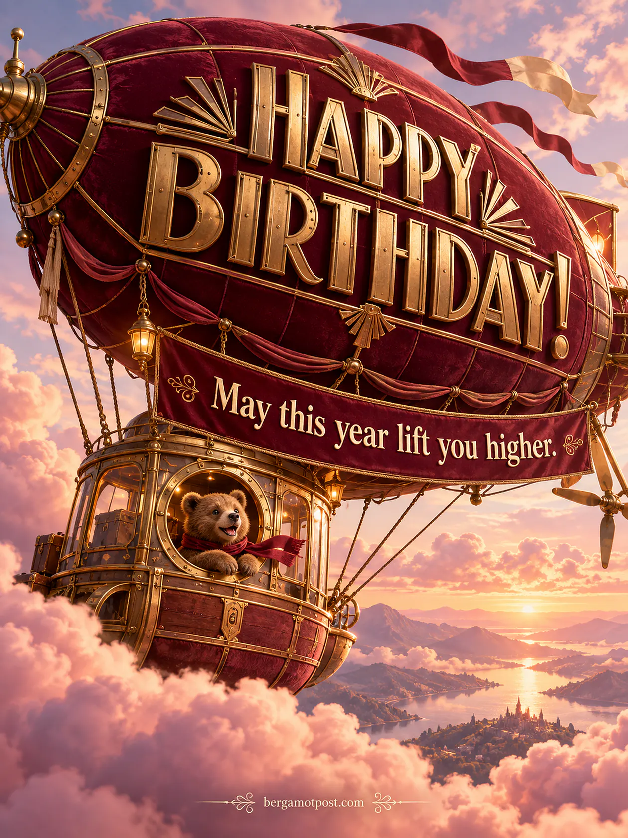 Happy Birthday Wishes Image — May This Year Lift You Higher (Bear in a Golden Airship)