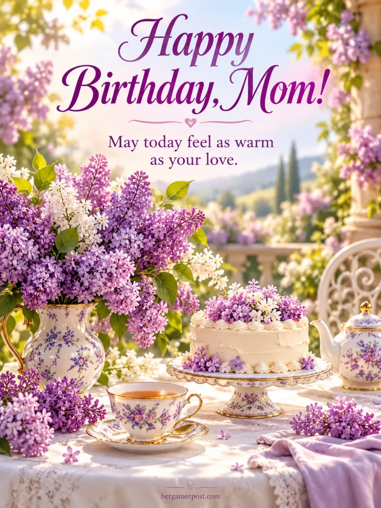 Happy Birthday Mom Image — Lilac Tea Party with Cake