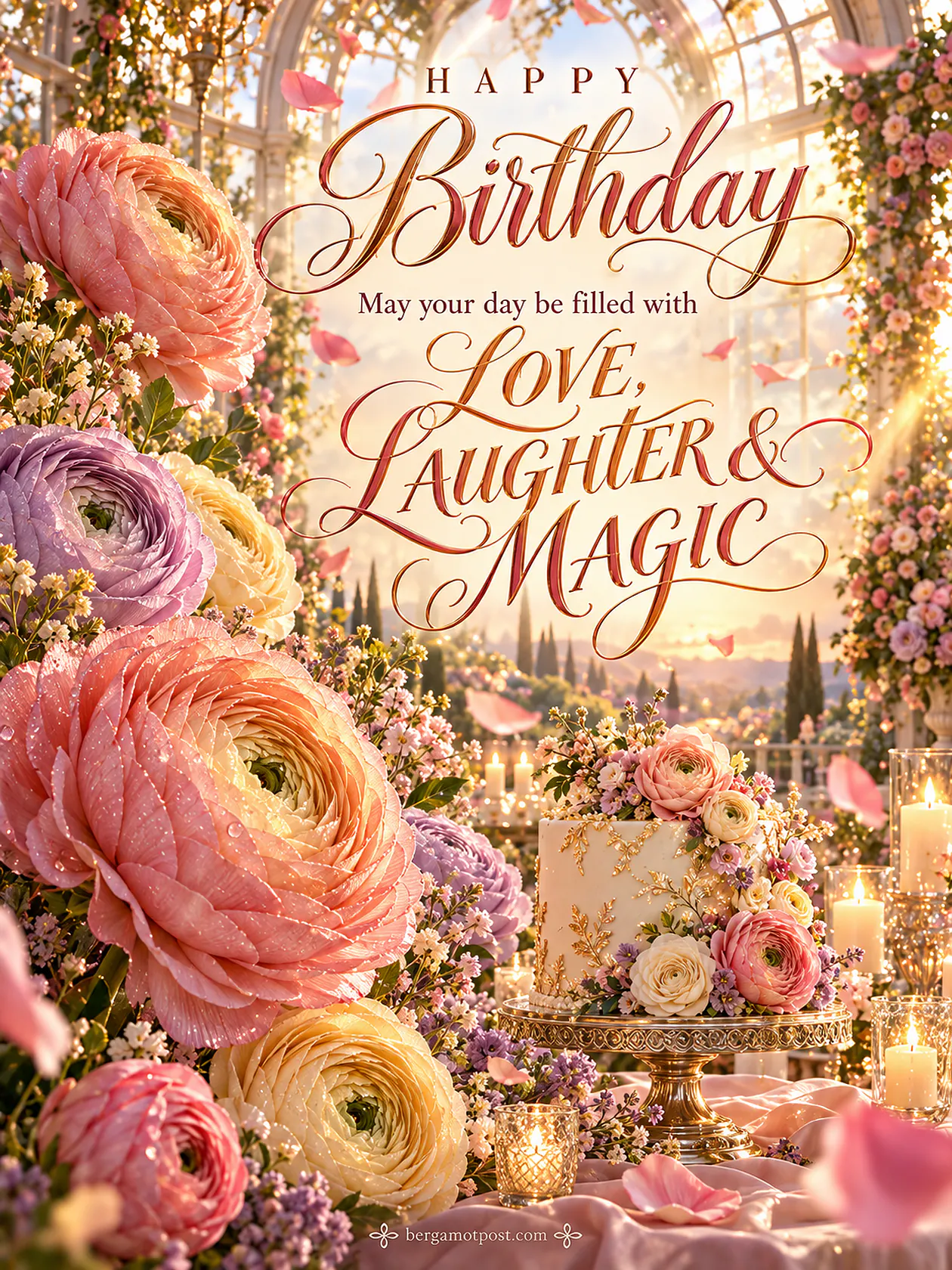 Happy Birthday Image with Wishes — Love, Laughter and Magic (Peach Ranunculus)