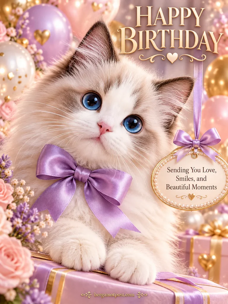 Video Birthday Card — Sending You Love, Smiles, and Beautiful Moments (Ragdoll Kitten with a Purple Bow)