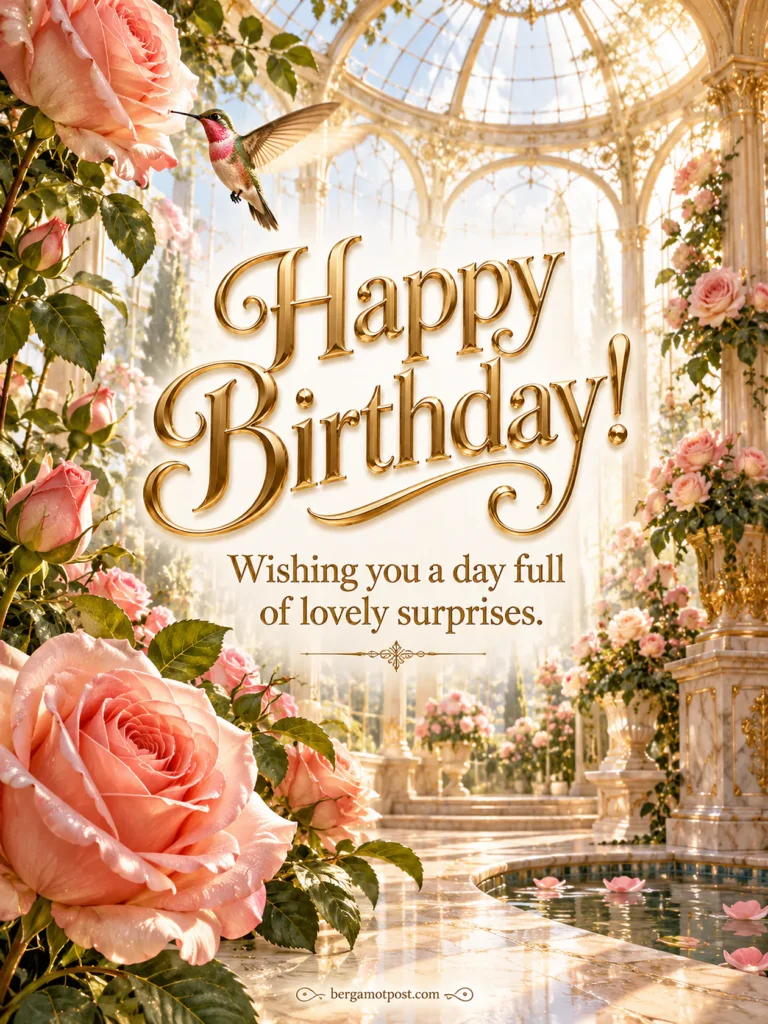 Happy Birthday Wishes Image — A Day Full of Lovely Surprises (Roses and a Hummingbird)