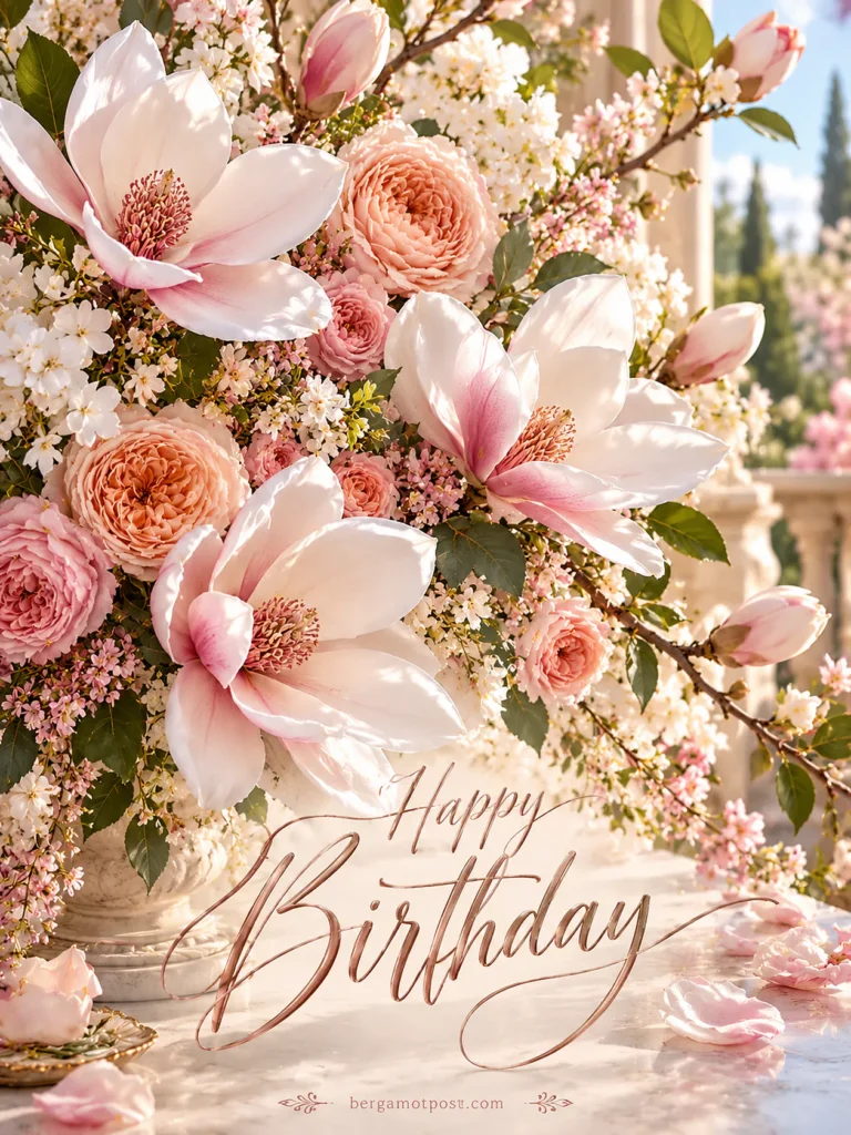 Magnolia and Peach Rose Birthday Card