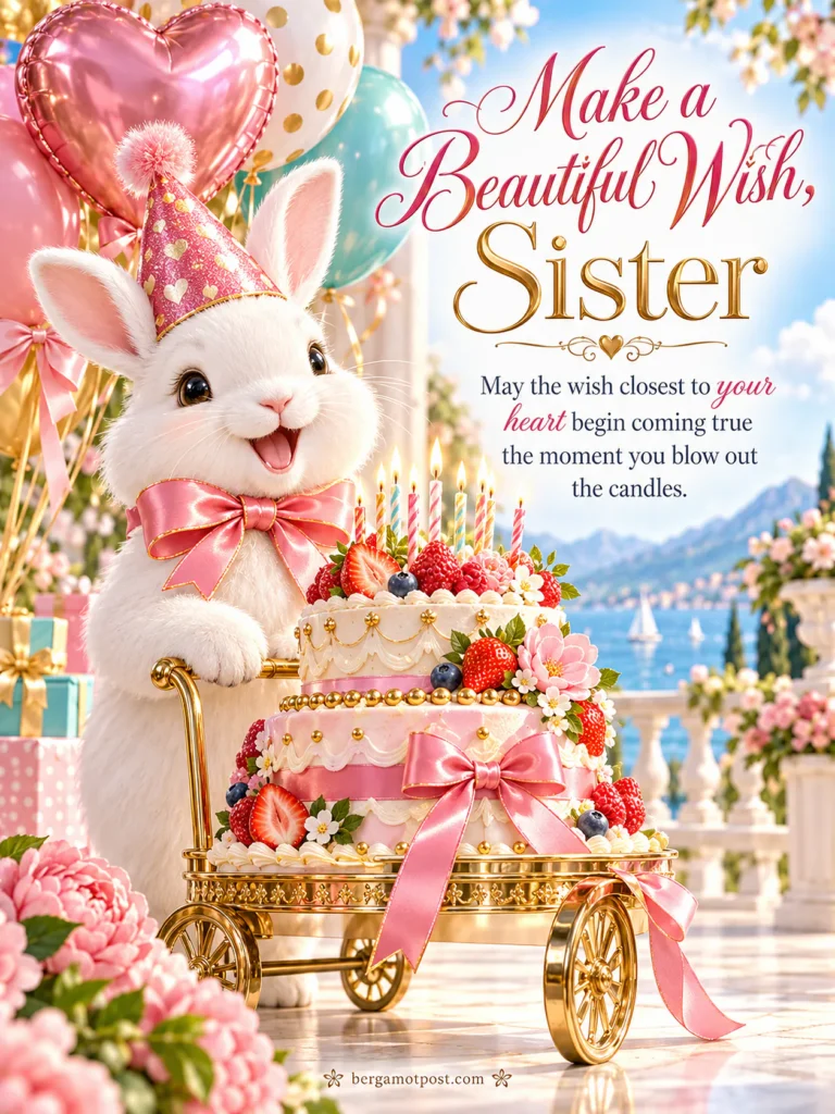 Make a Beautiful Wish, Sister — Happy Birthday Image with Bunny and Cake