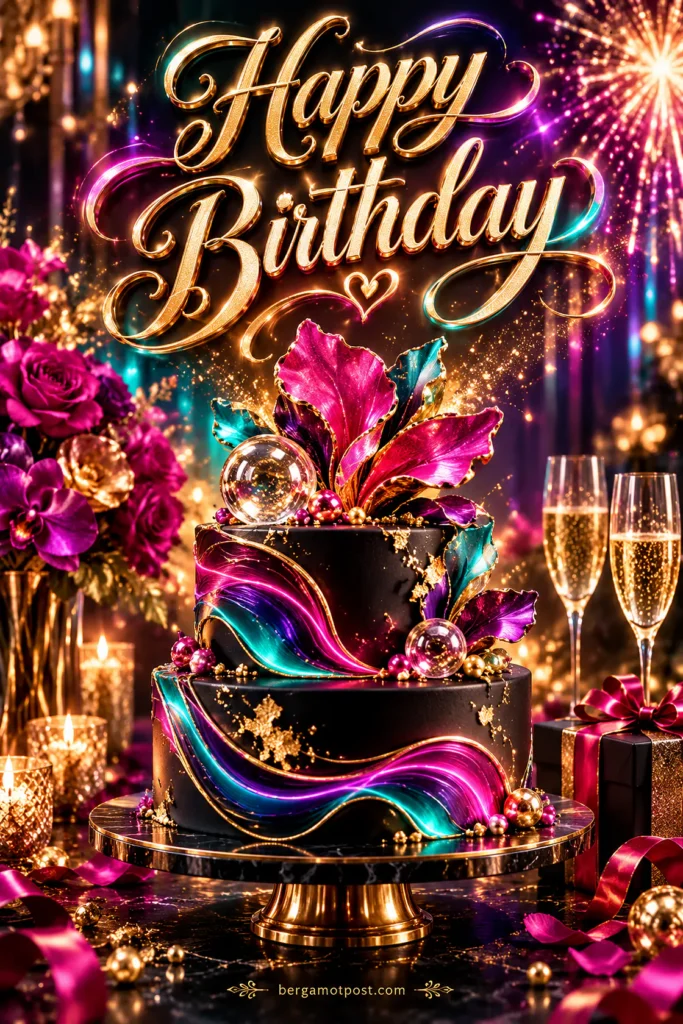 Happy Birthday Card — Black and Gold Cake with Neon Waves