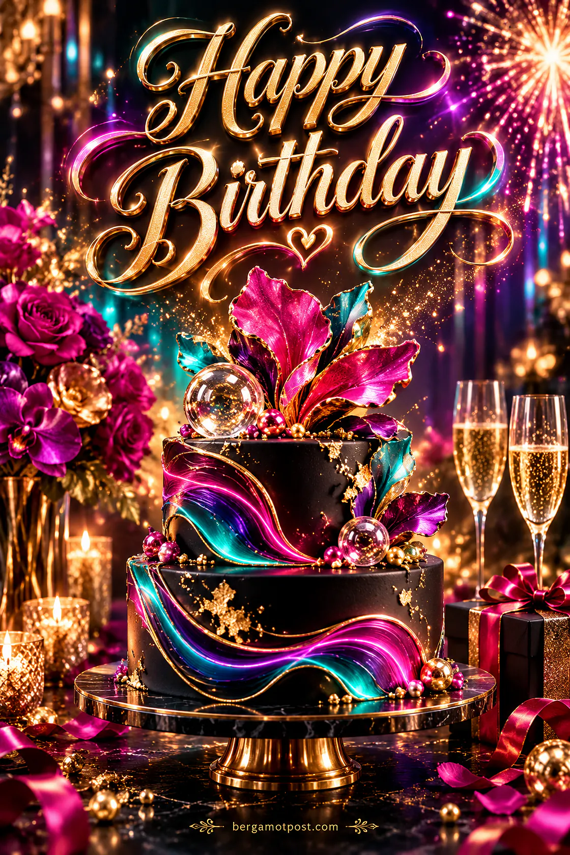 Happy Birthday Card — Black and Gold Cake with Neon Waves