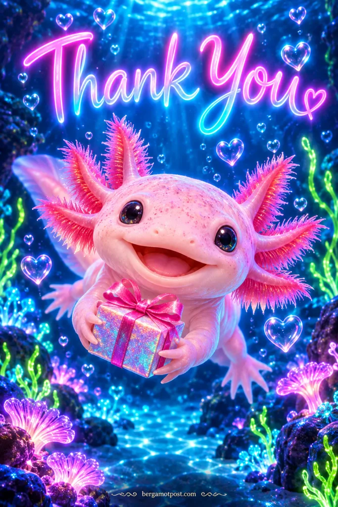 Neon Axolotl Thank You Card — Underwater Gift