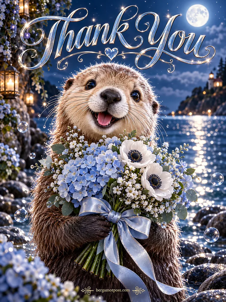 Animated Thank You Card — Happy Otter with Blue Hydrangeas