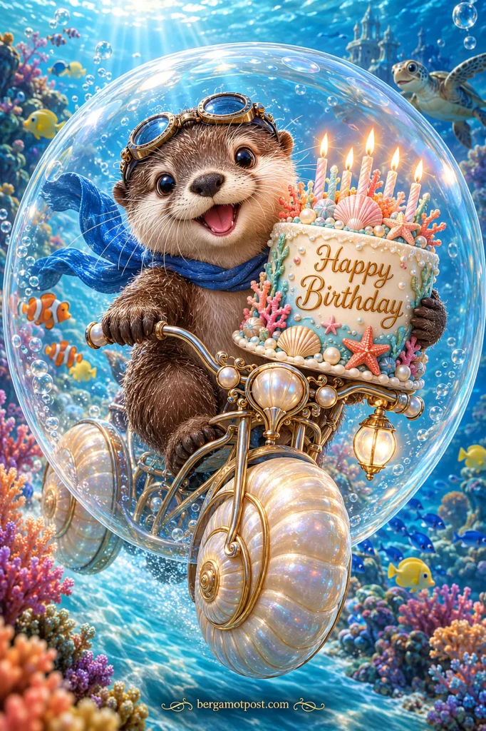 Happy Birthday Video Card — Otter Riding a Bubble Bike Under the Sea