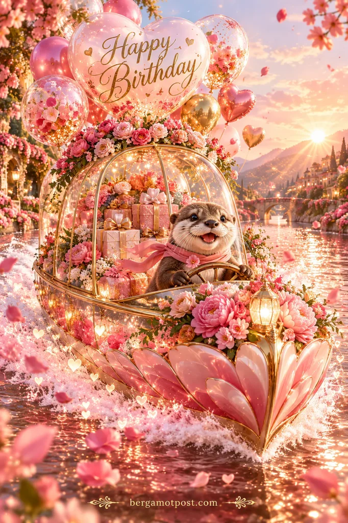 Happy Birthday Animated Video Card — Otter in a Flower Petal Boat