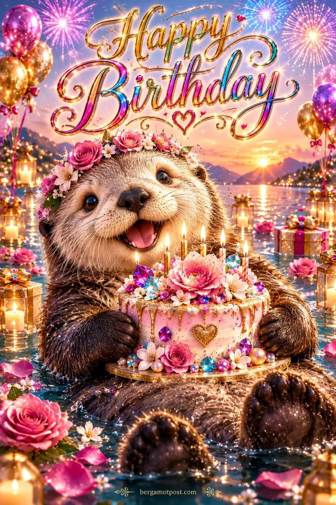 Animated Happy Birthday Card — Otter with a Cake on the Lake