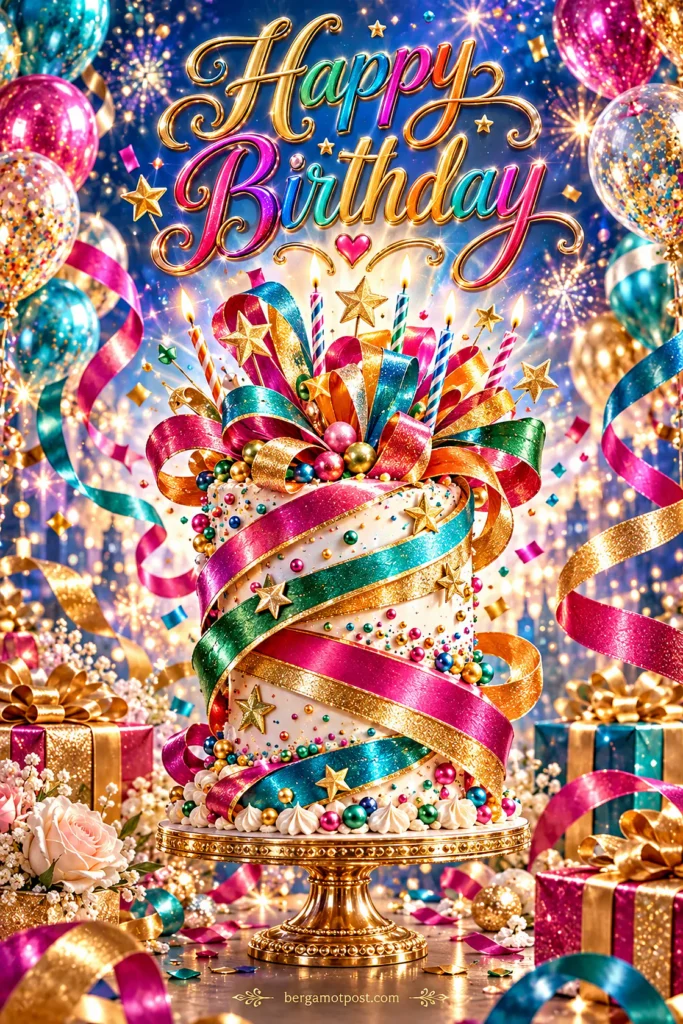 Happy Birthday Card — Party Cake Wrapped in Ribbons and Confetti