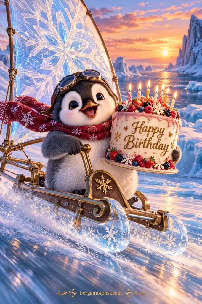 Animated Birthday Card — Penguin on an Ice Sled with a Snowflake Cake