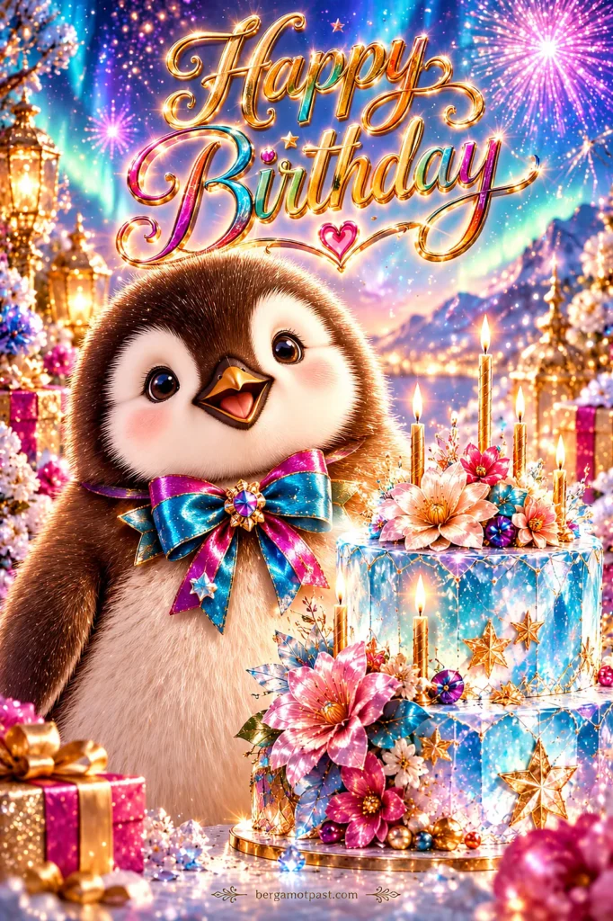 Happy Birthday Penguin Under the Northern Lights — Animated Video Card