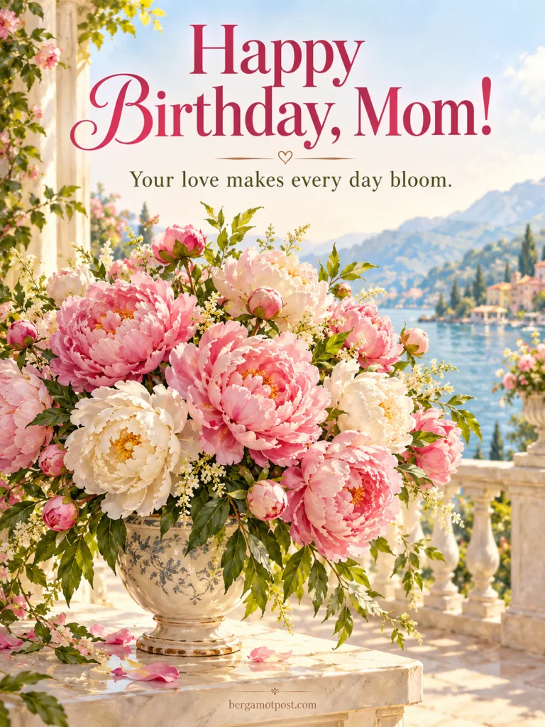 Happy Birthday Mom Image with Peonies — Your Love Makes Every Day Bloom