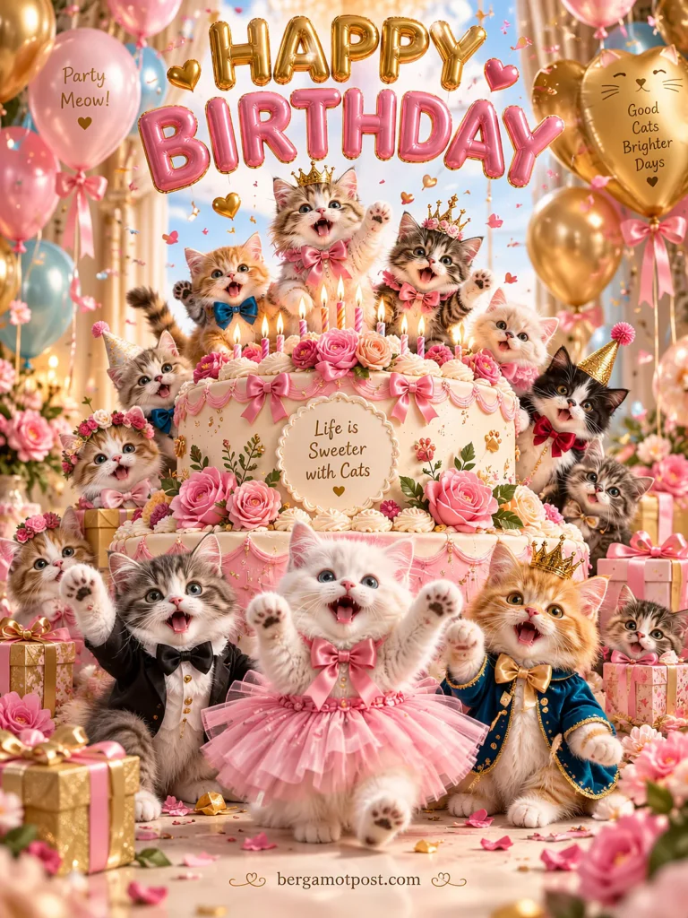 Pink Birthday Cake Kittens — Animated Video Card with Balloons