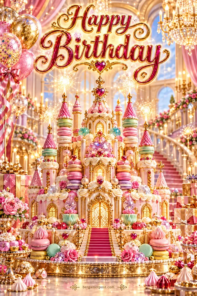 Birthday Card — Pink Macaron Castle Cake in a Golden Ballroom