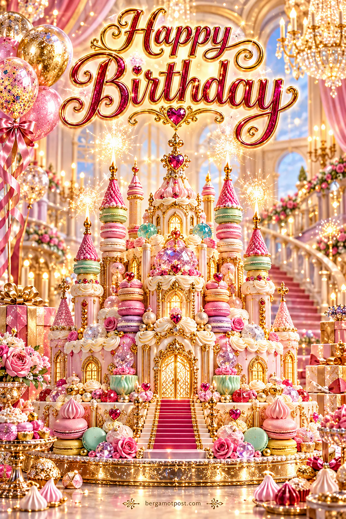 Birthday Card — Pink Macaron Castle Cake in a Golden Ballroom