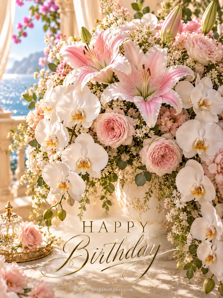 Birthday Card with Pink Lilies and White Orchids