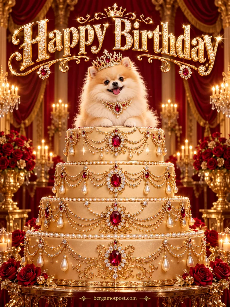 Animated Birthday Wishes Image — Pomeranian Puppy on a Pearl Cake