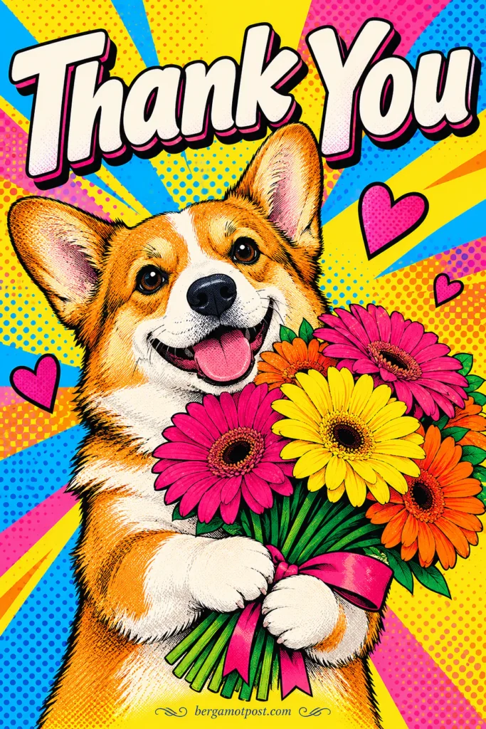 Thank You Card — Pop Art Corgi with a Bouquet