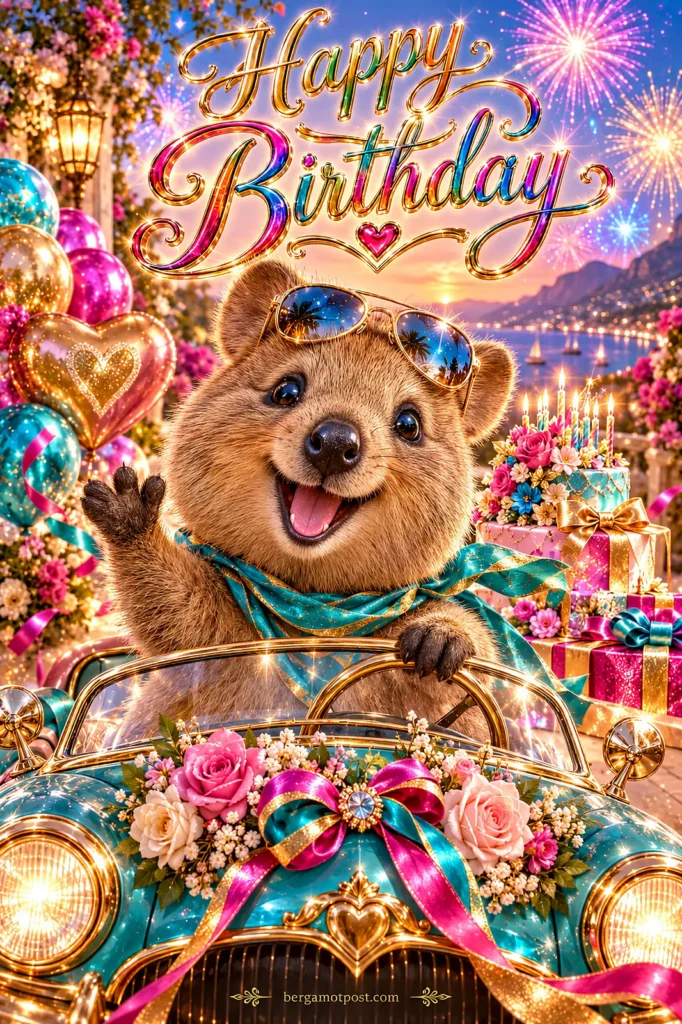Happy Birthday Video Card — Quokka in a Golden Convertible