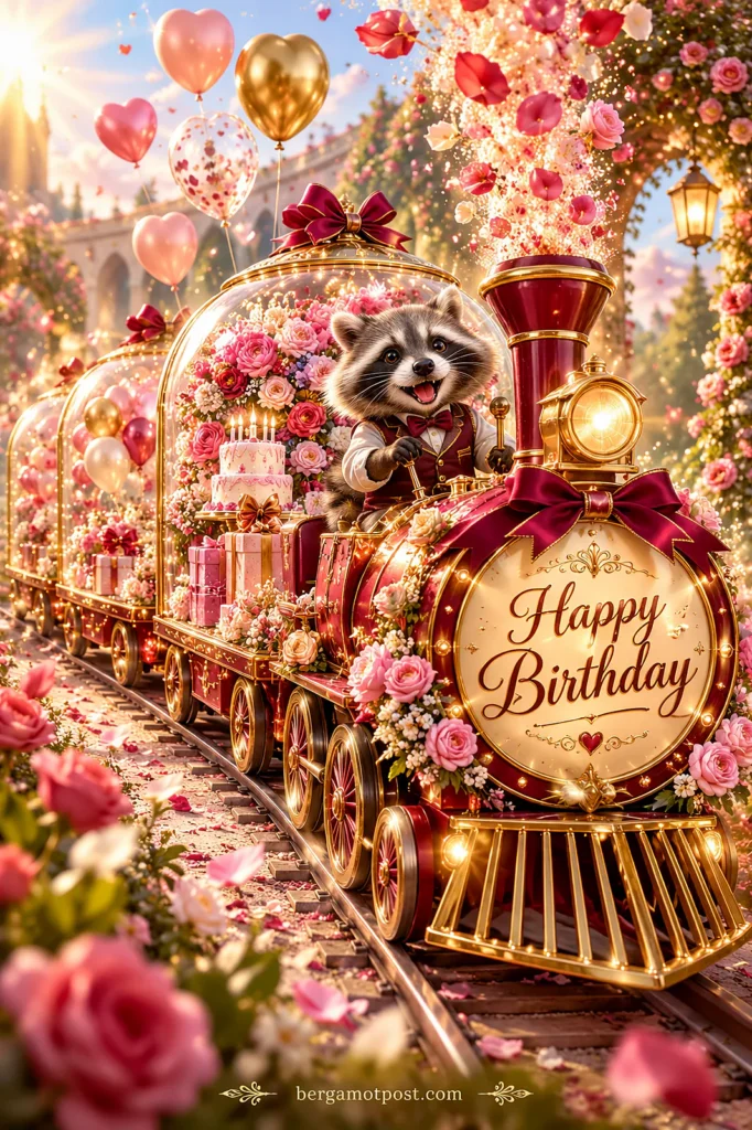 Animated Birthday Train Card — Raccoon Conductor Says Happy Birthday