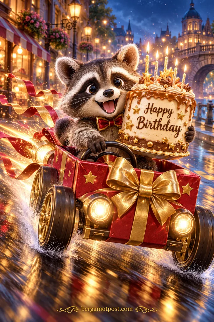 Animated Birthday Card — Raccoon Racing In with the Cake (Gift Box Car)