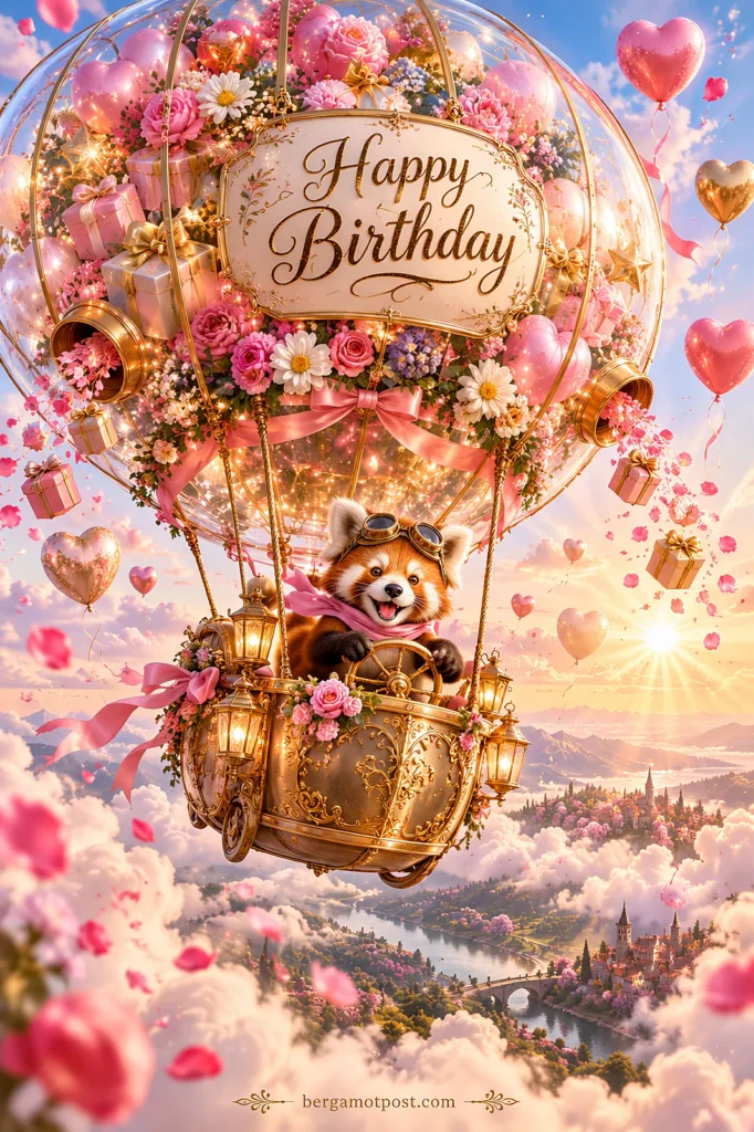 Happy Birthday Hot Air Balloon Video Card (Red Panda in the Clouds)