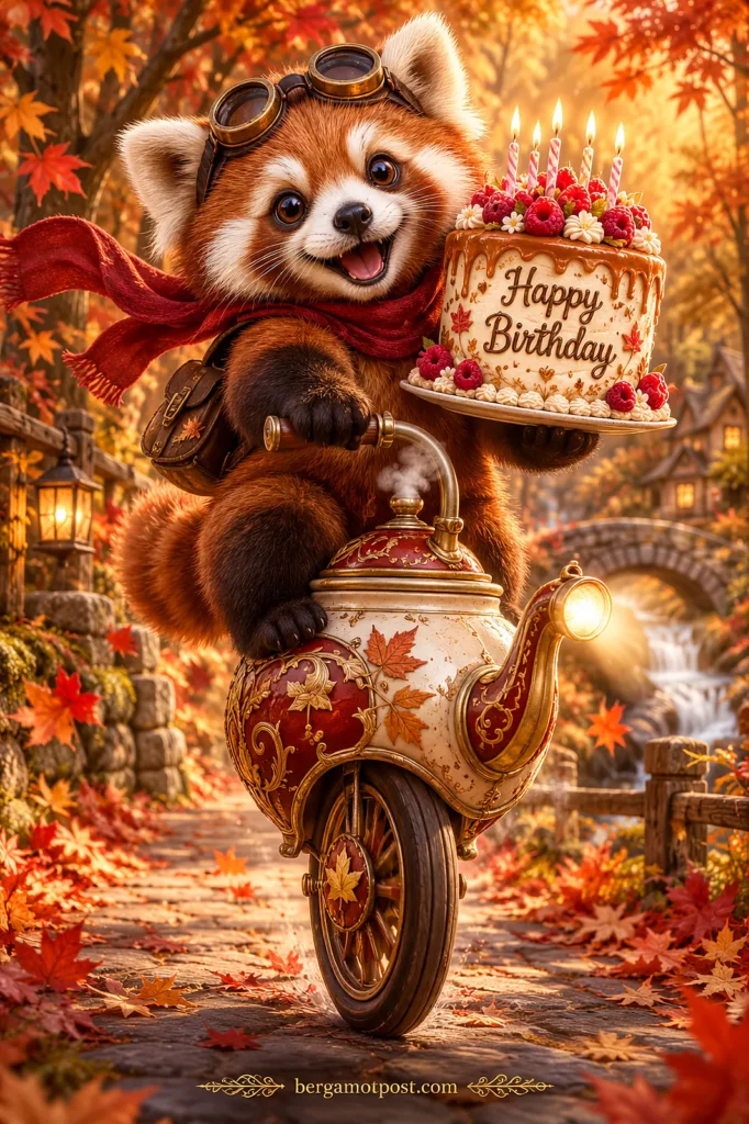 Red Panda Birthday Video Card — Autumn Ride with a Berry Cake