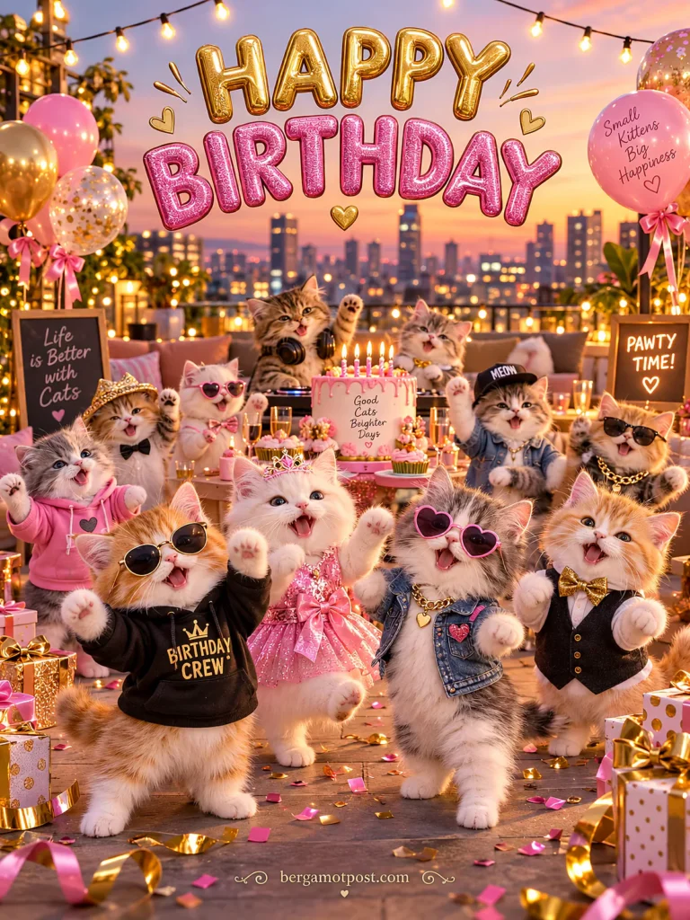 Rooftop Birthday Party Kittens — Animated Card (City Sunset)