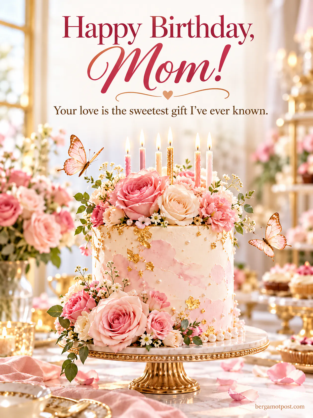 Happy Birthday Mom Wishes — Rose Cake with Candles