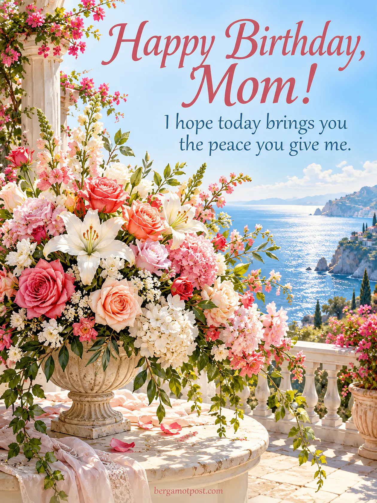 Happy Birthday Mom Wishes Image — Bouquet on a Seaside Terrace