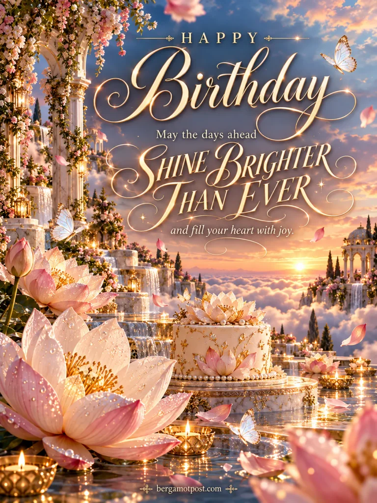 Happy Birthday Image with Wishes — Shine Brighter Than Ever (Pink Lotus in the Clouds)