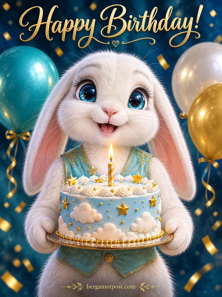 Animated Singing Birthday Card — Bunny in a Blue Vest with a Cloud Cake