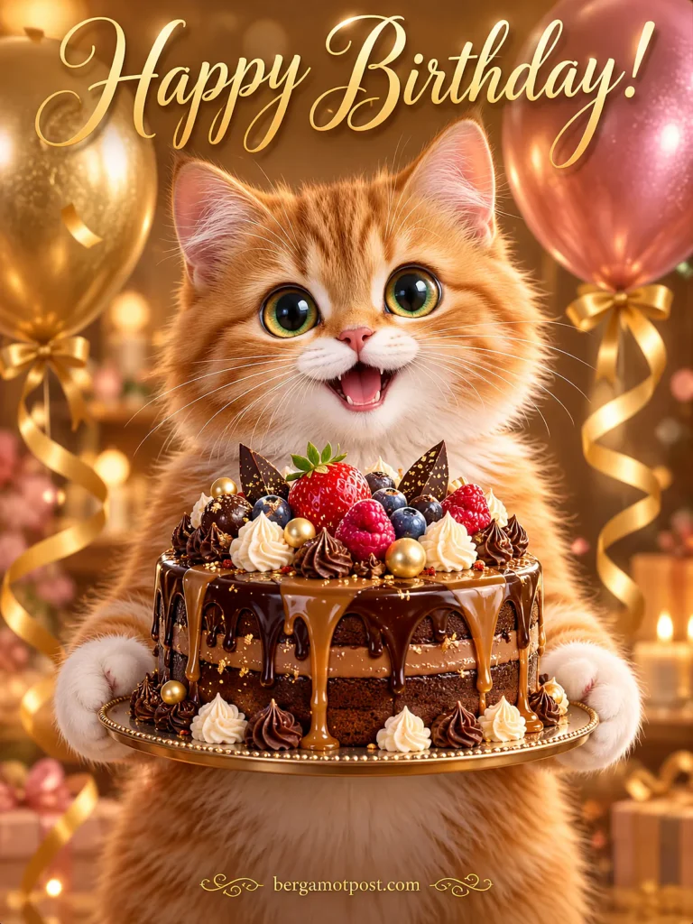 Singing Video Birthday Card — Ginger Cat with a Chocolate Cake