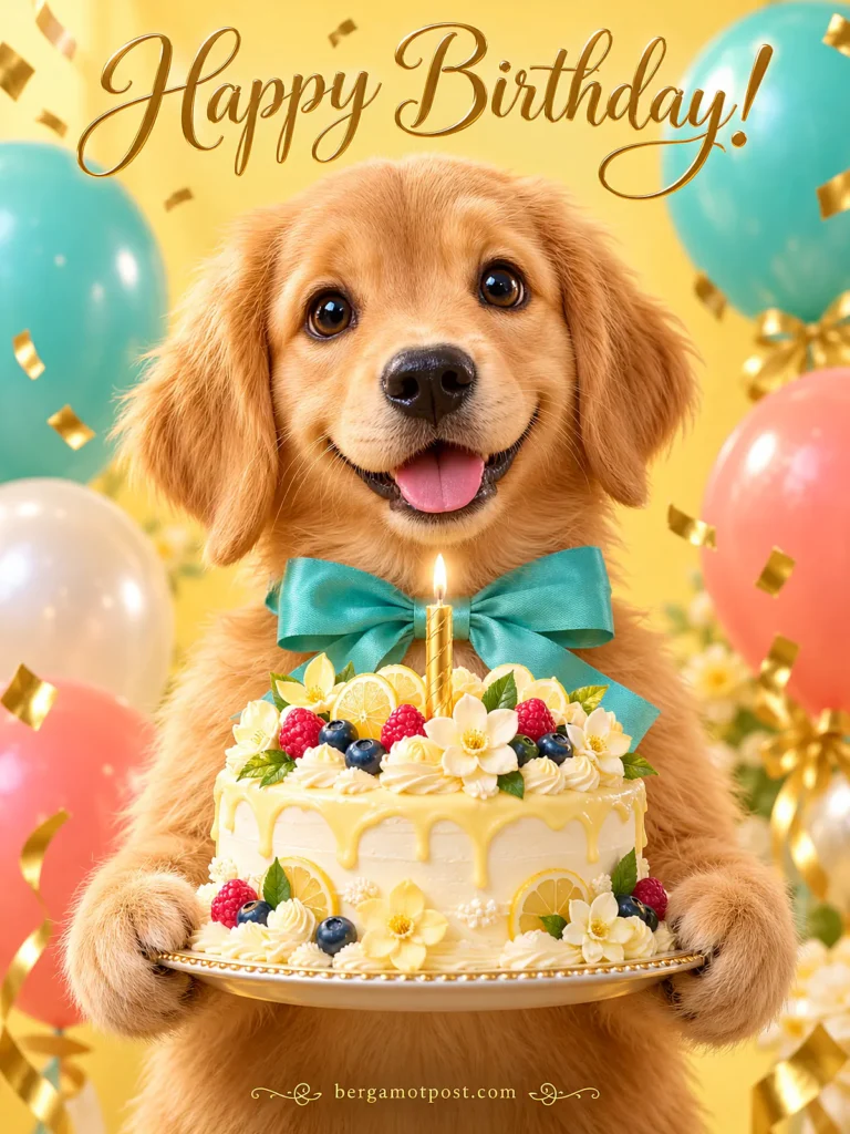Animated Singing Birthday Card — Golden Puppy with a Lemon Cake