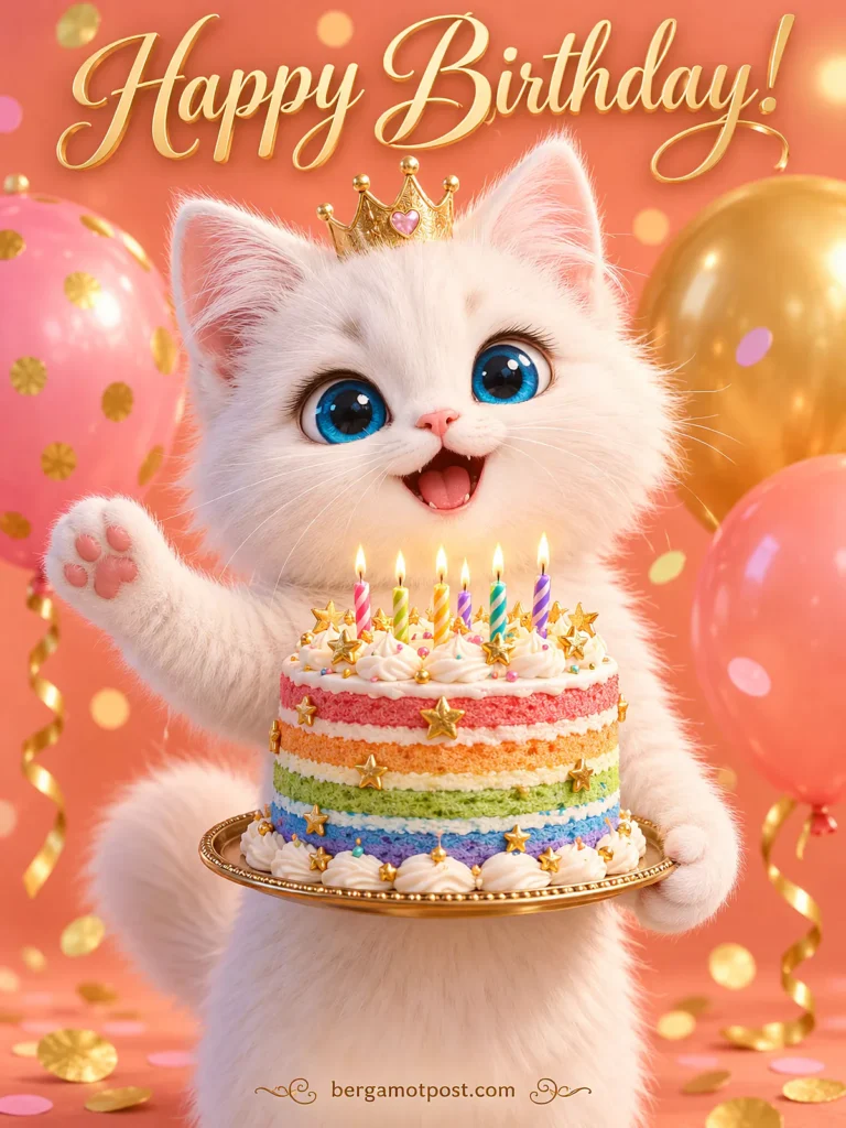 Animated Singing Birthday Card — White Kitten with a Crown and Rainbow Cake