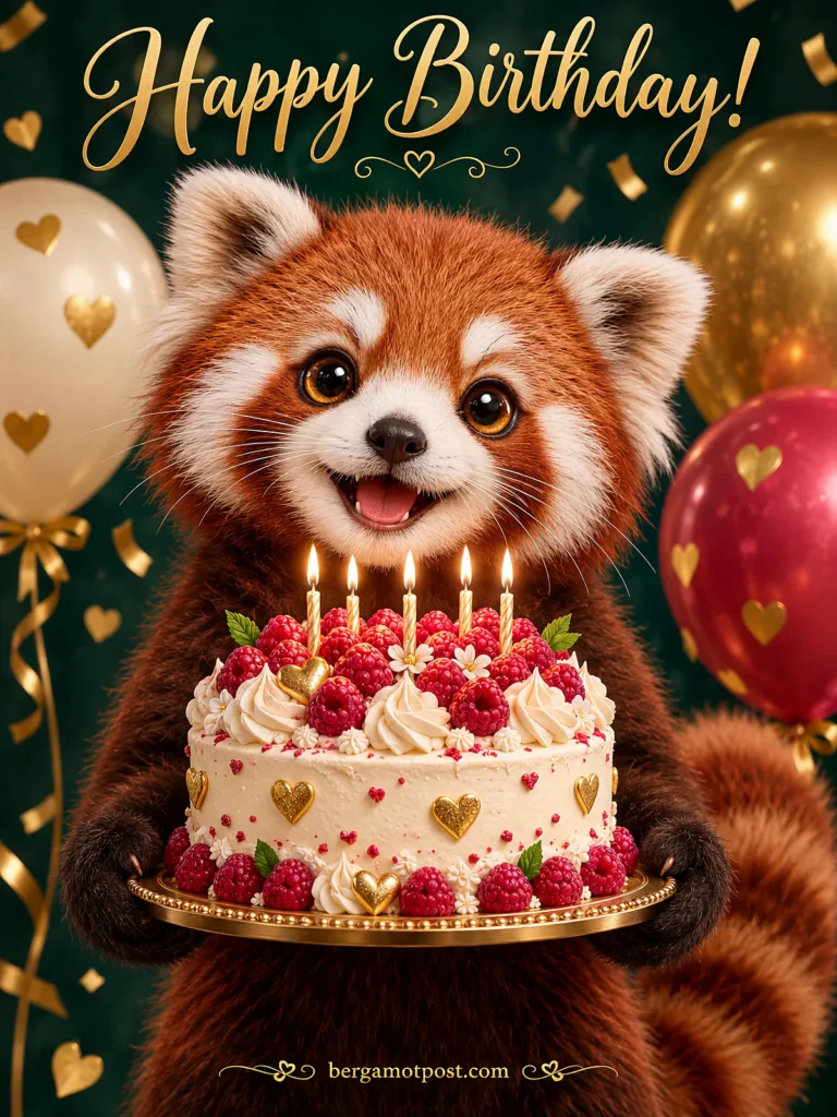 Singing Birthday Video Card — Red Panda with a Raspberry Cake