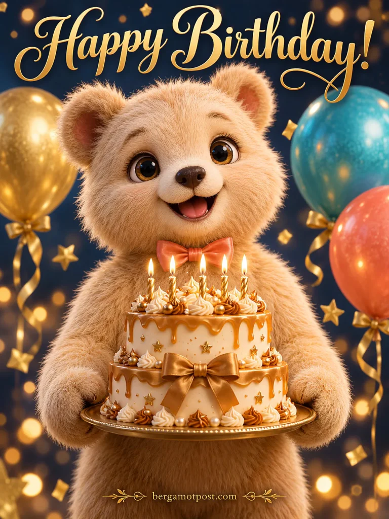 Singing Video Birthday Card — Teddy Bear with a Golden Drip Cake