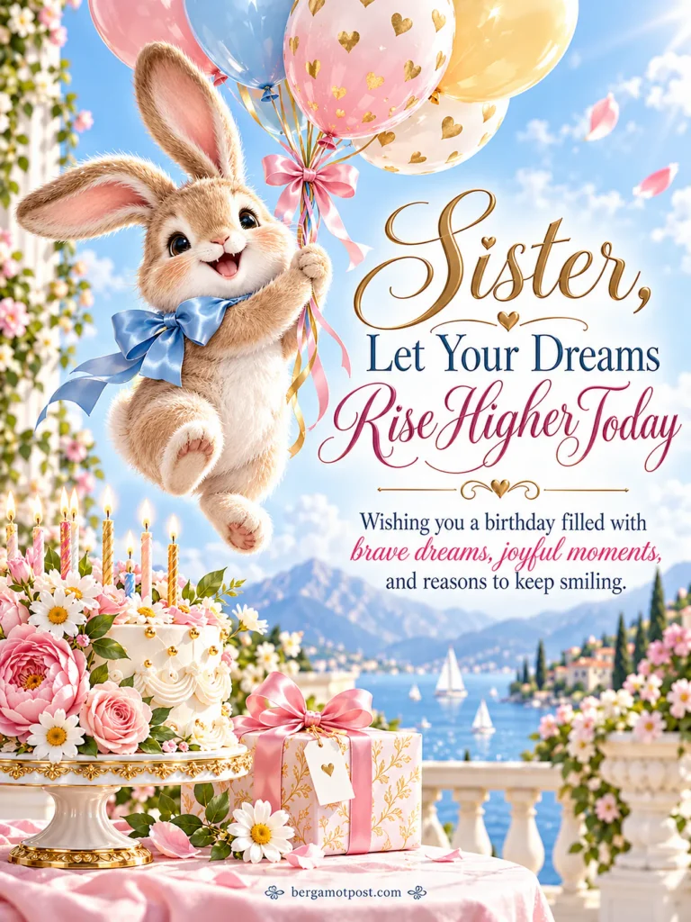 Sister, Let Your Dreams Rise Higher Today — Birthday Wishes with a Flying Bunny