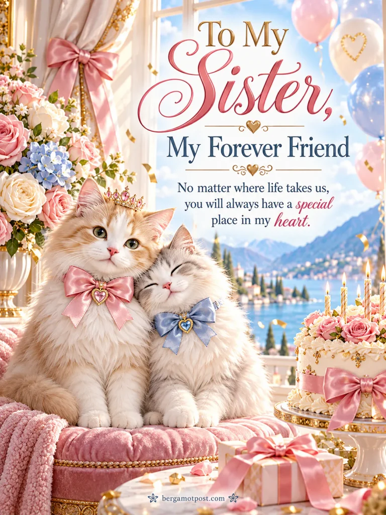 To My Sister, My Forever Friend — Birthday Wishes Image with Two Cats