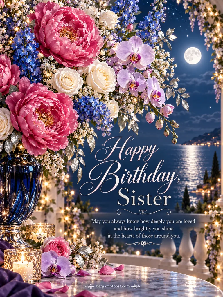 Happy Birthday, Sister Night Image with Moonlight, Candles and Wishes