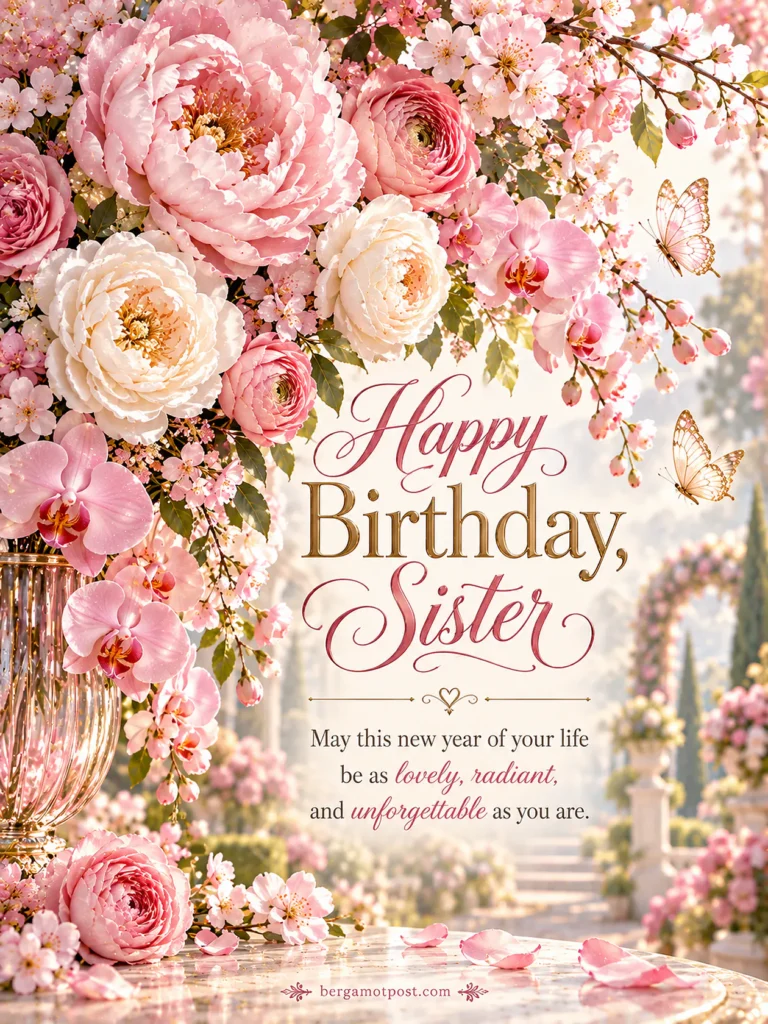 Pink Happy Birthday Sister Image with Orchids, Butterflies and Wishes