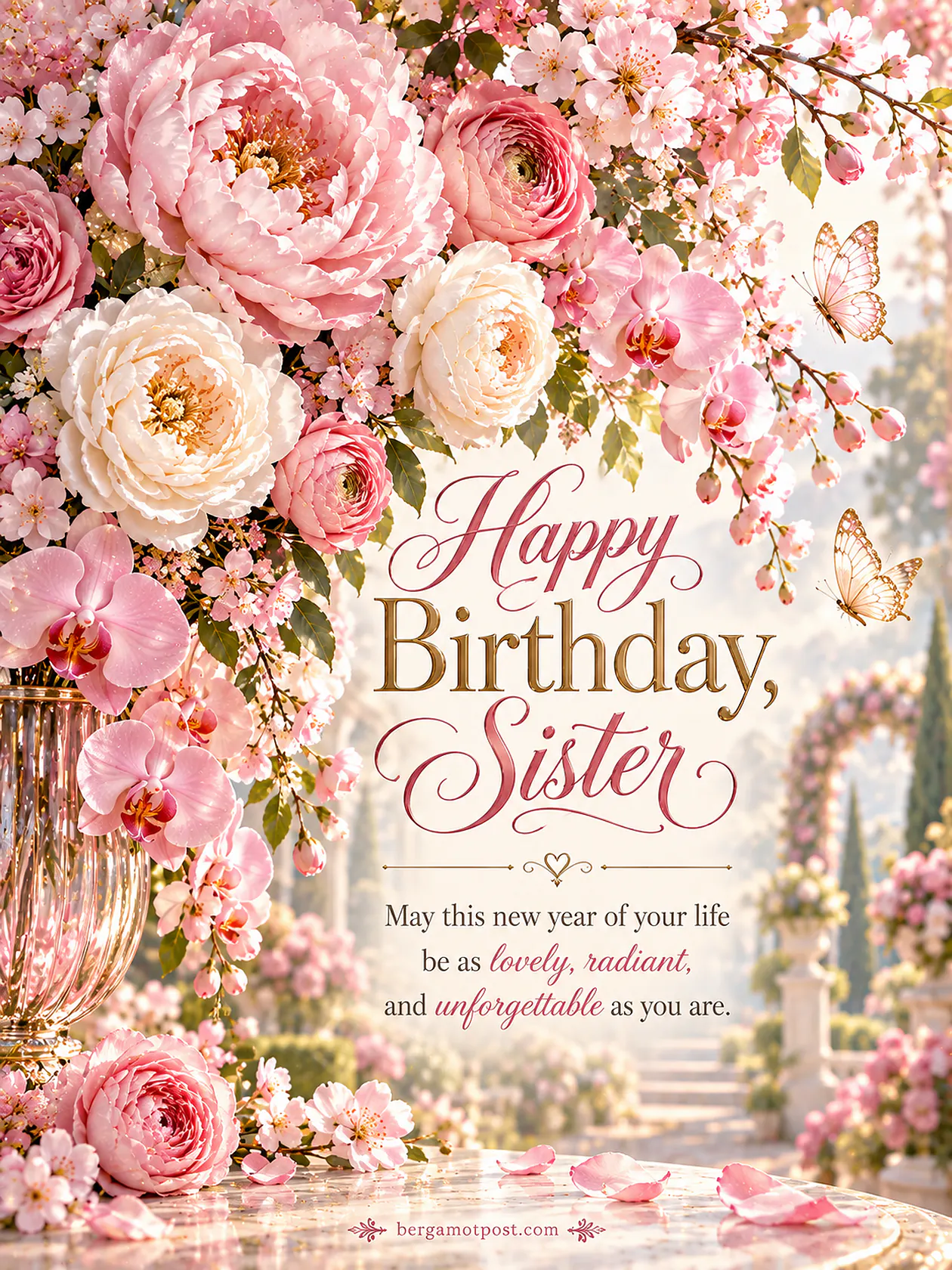 Pink Happy Birthday Sister Image with Orchids, Butterflies and Wishes